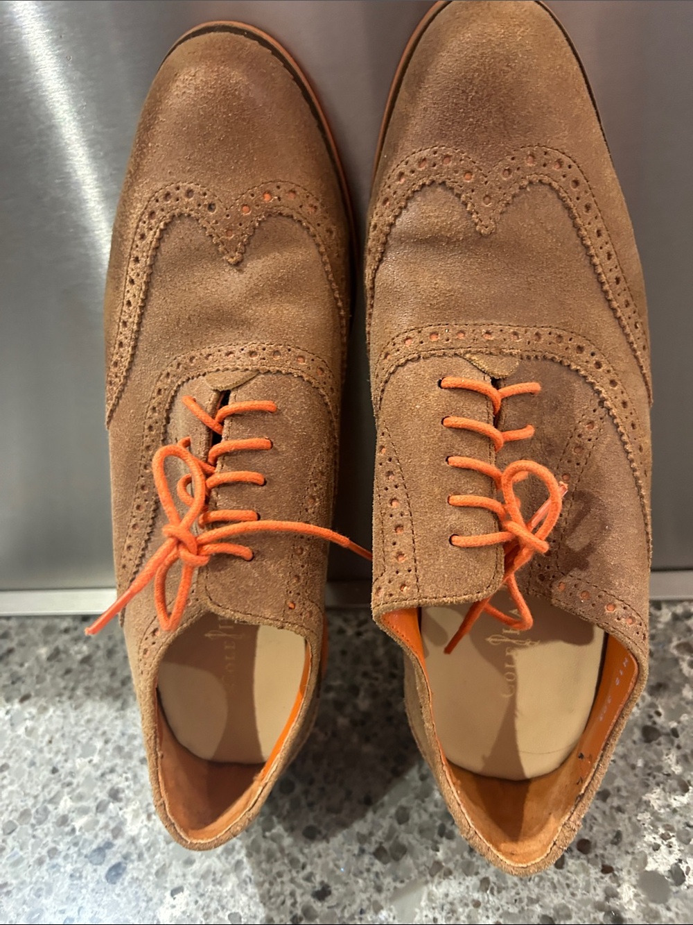 Cole Haan Brown Suede Wingtip Oxfords with Orange Laces